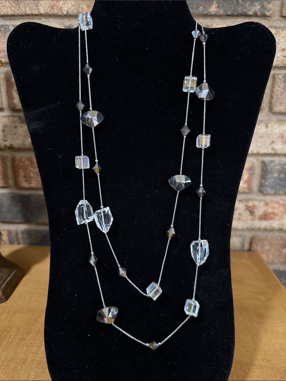 Premiere Designs Ice Crystal Necklace Long Beaded  Silver Tone Crystal 47”